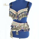 【中古】ベリーダンス トライバル 衣装 黒 シルバー系 ffrederick's 装飾 ベロア生地 トップス ベルト セット ブラック系 発表会 舞台 イベント...