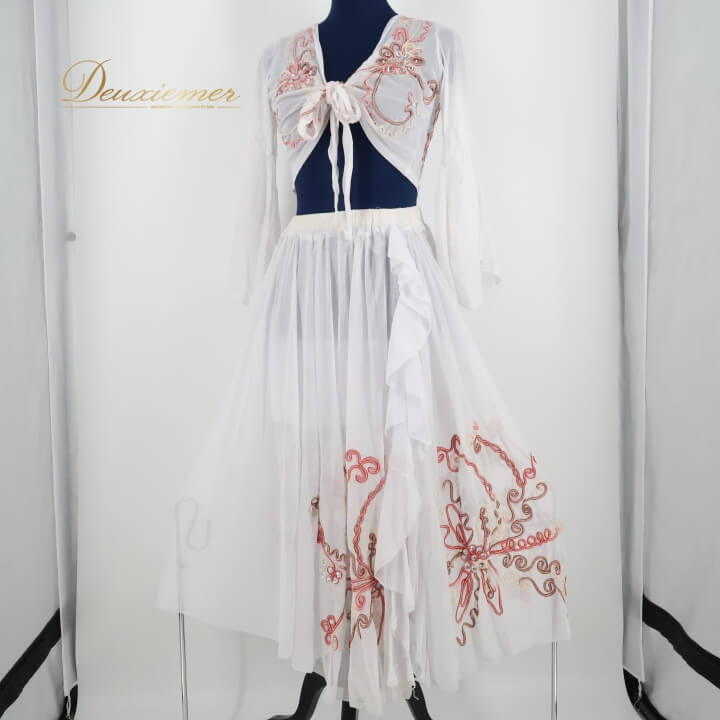 【中古】ベリーダンス 衣装 レッスンウェア 練習着 上下セット レディース ホワイト系 白 ラメ 花柄 柄..