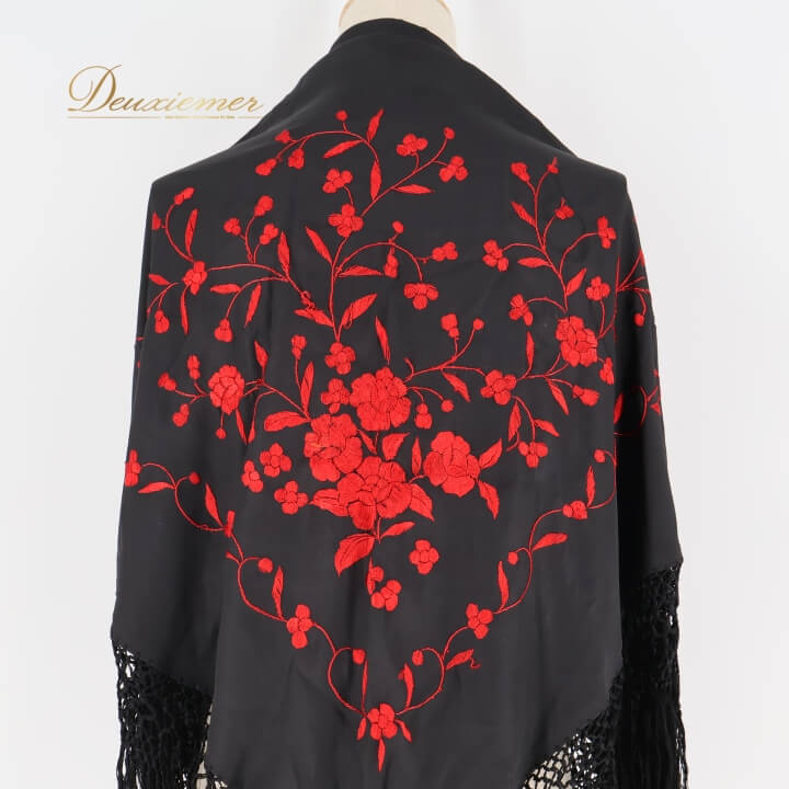 【中古】フラメンコ 衣装 シージョ 黒 刺繍 赤 フリンジ フレコ 花柄 トライアングル 三角形 軽い 薄い..