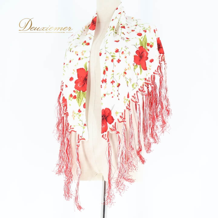 【中古】フラメンコ 衣装 シージョ トライアングル 三角形 フレコ 花柄 ハイビスカス 白 赤 フリンジ フレコ ホワイト系 レッド系 フラメンコ 衣装 ダンス衣装 コスチューム 花柄デザイン おしゃれ ハワイアンスタイル 軽量 C049-2511069001603