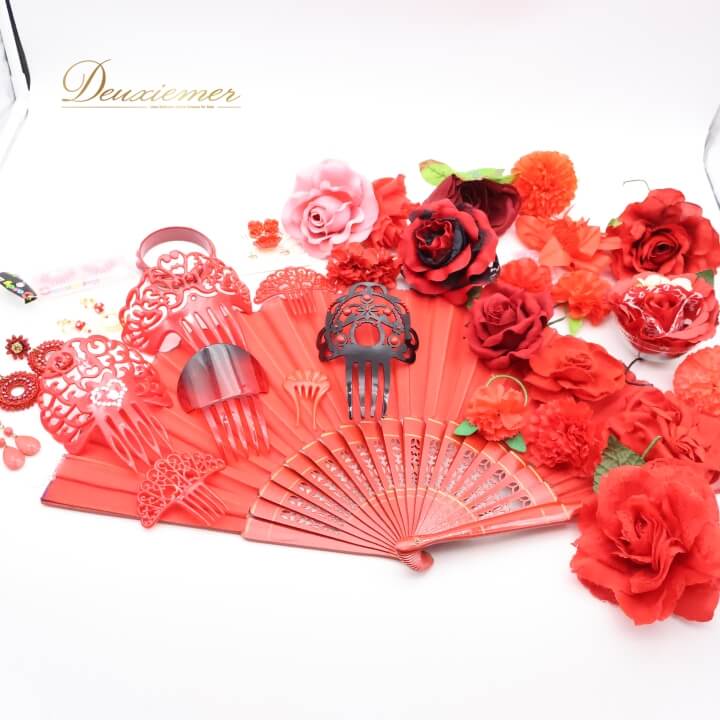 【中古】フラメンコ 小物 小道具 アバニコ ペイネタ フローレス ピアス イヤリング つけまつ毛 扇子 花..