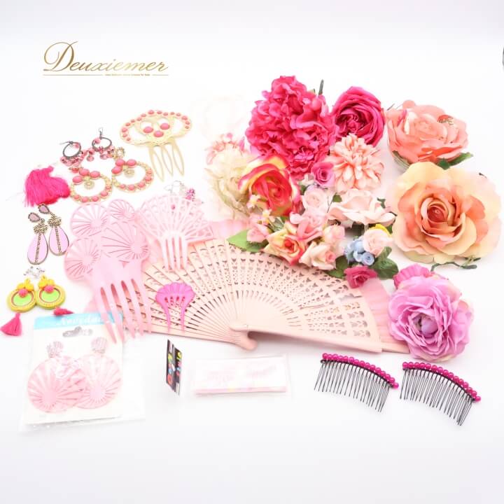 【中古】フラメンコ 小物 小道具 アバニコ ペイネタ フローレス ピアス イヤリング つけまつ毛 扇子 花..