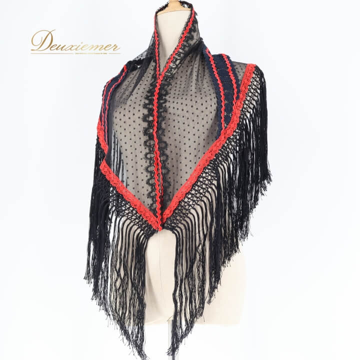 【中古】フラメンコ 衣装 シージョ 黒 赤 レース フレコ トライアングル 三角形 高級感 小物 装飾 小物..