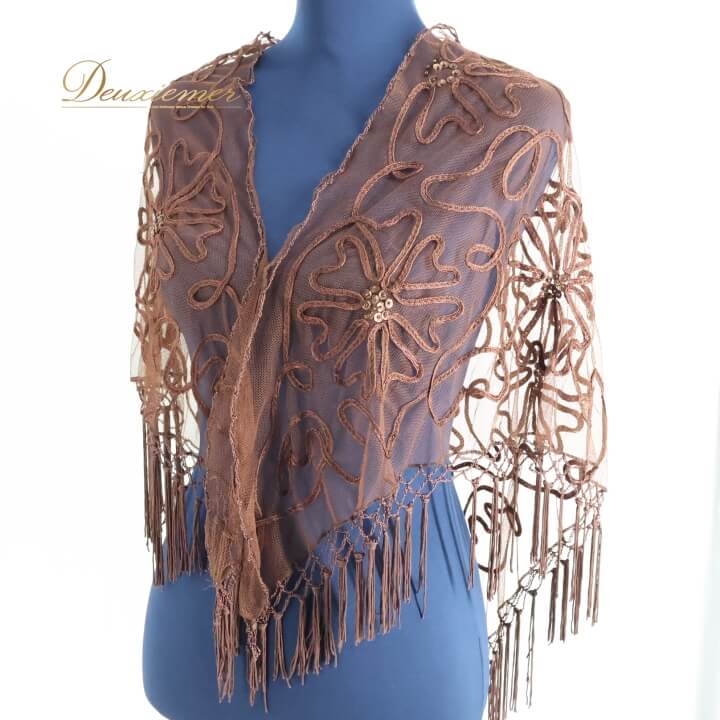 【中古】フラメンコ 衣装 シージョ ピキージョ 小物 ブラウン系 茶色 花柄 ラメ レース トライアングル フレコ ダンス 三角形 装飾 練習 舞台 発表会 花模様 エレガント コスチューム スパンコール 透け感 ビーズ フリンジ おしゃれ かわいい E003-2511069000927