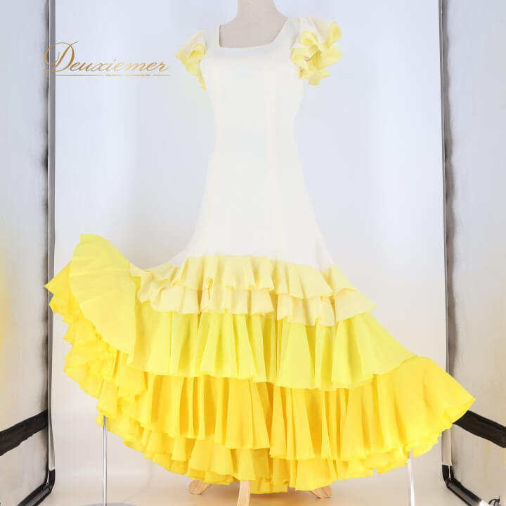 【中古】naja ナジャ フラメンコ 衣装 ワンピース ドレス 日本製 黄色 イエロー ボランテ フリル 無地 ..