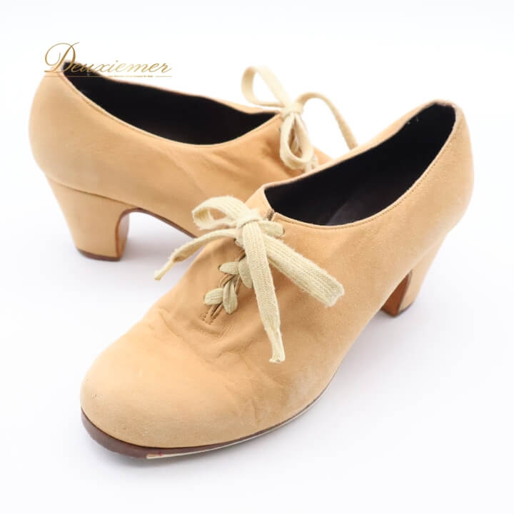 【中古】フラメンコ 衣装 靴 シューズ レディース ベージュ系 ヒール 釘 釘有り スペイン製 スウェード..