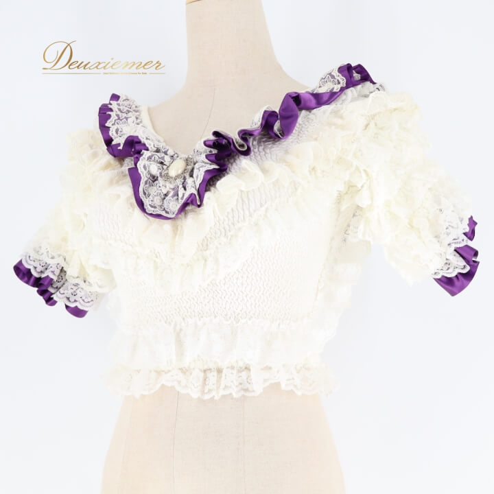 【中古】フラメンコ 衣装 トップス ニット 社交ダンス ロリータ フリル レース 伸縮 紫 白 ホワイト系 ..