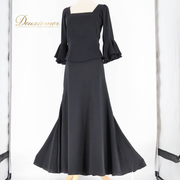 【中古】HERMOSA エルモサ フラメンコ 衣装 ツーピース セットアップ トップス ファルダ スカート 黒 無地 フリル ボランテ 綺麗 シンプル ダンス ...