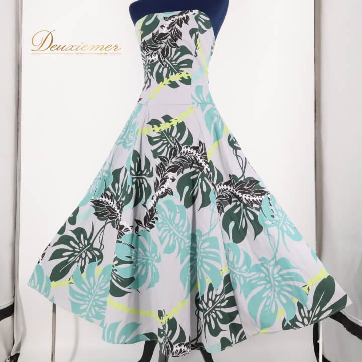 【中古】T&L MUUMUU FACTORY ムームーファクトリー フラダンス 衣装 ワンピース ドレス グレイ系 チューブトップ モンステラ柄 グリーン系 ブ...