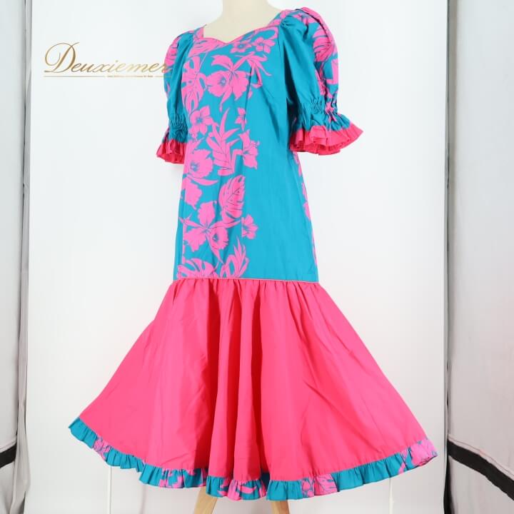 【中古】フラダンス 衣装 ワンピース ドレス ブルー系 ハワイアンプリント アロハ フラワープリント 花..