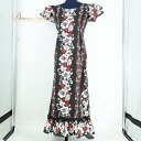 【中古】フラダンス 衣装 ワンピース ドレス ブラック系 フラ ダンス 黒 白 赤 花柄 ハワイアン 華やか ハイビスカス柄 アロハ 鮮やか ハワイアンプリント...