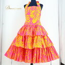 【中古】PauSkirtShop パウスカートショップ フラダンス 衣装 ワンピース ドレス ピンク系 花柄 黄 鮮やか 華やか フリル 日本製 ボリューム ハ...