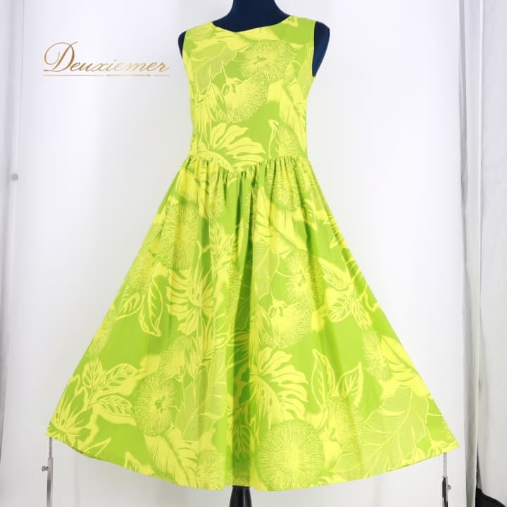 【中古】TorchGinger トーチジンジャー フラダンス 衣装 ワンピース ドレス グリーン系 黄緑 フラ ダンス ノースリーブ 華やか レフア柄 明るい ...