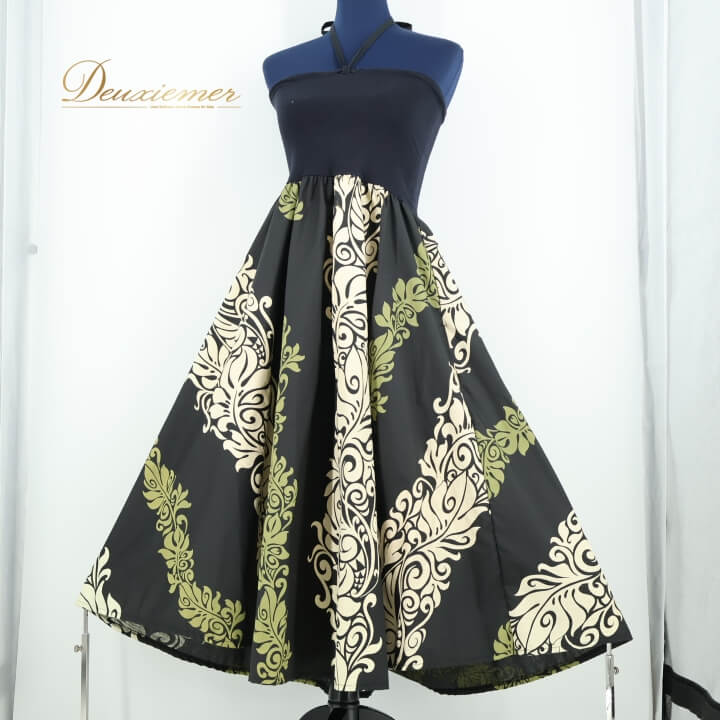 【中古】Mahalo マハロ フラダンス 衣装 ワンピース ドレス ブラック系 フラ ダンス 黒 緑 ベアトップ 日本製 ハワイアン アロハ チューブトップ か...