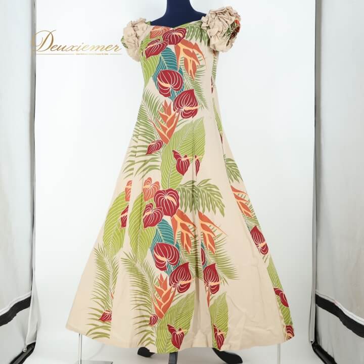 【中古】MermaidLine MMJ マーメイドライン フラダンス 衣装 ワンピース ドレス ベージュ系 ラウアエ柄 アンスリウム柄 ヤシ柄 リーフ柄 フラ ...