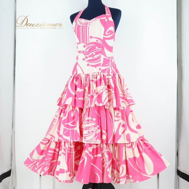 【中古】MAPUANA フラダンス 衣装 ワンピース ドレス ピンク系 花柄 白 フラ ダンス ハワイ製 華やか ハワイアン フリル アロハ かわいい ホルター...