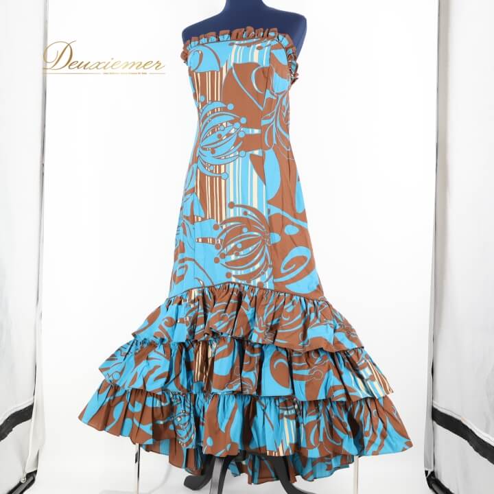 【中古】MAPUANA フラダンス 衣装 ワンピース ドレス ブラウン系 フラ ダンス フリル 茶 ターコイズブルー系 レフア柄 花柄 ハワイアン アロハ かわ...