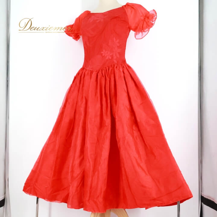 【中古】MakaMaka マカマカ フラダンス 衣装 ワンピース ドレス レッド系 花柄 フラワープリント パフ..