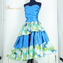 【中古】アロハエミカ Aloha Emika フラダンス 衣装 ワンピース ドレス ブルー系 フラ ダンス チューブトップ 花柄 フリル 華やか ハワイアン 青 白 緑 光沢 鮮やか アシンメトリー ハワイアンプリント グリーン系 ホワイト系