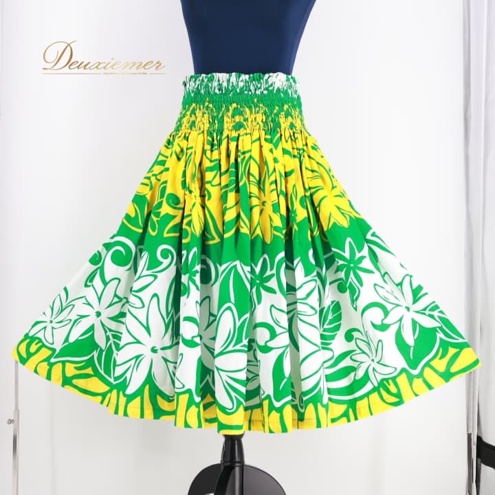 【中古】フラダンス 衣装 パウスカート グリーン系 フラ ダンス シングル レッスン 花柄 ティアレ柄 鮮..