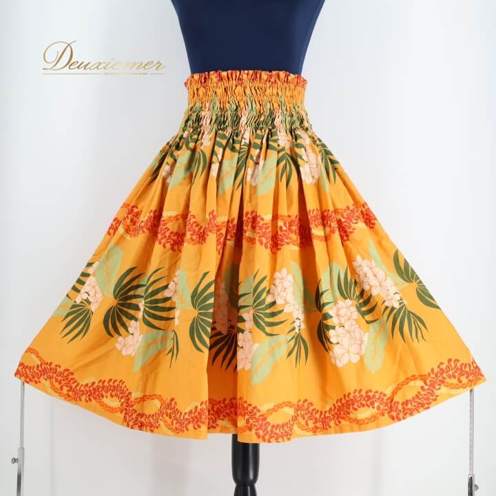 【中古】フラダンス 衣装 パウスカート イエロー系 フラ ダンス スカート 花柄 プルメリア柄 黄 白 緑 ..