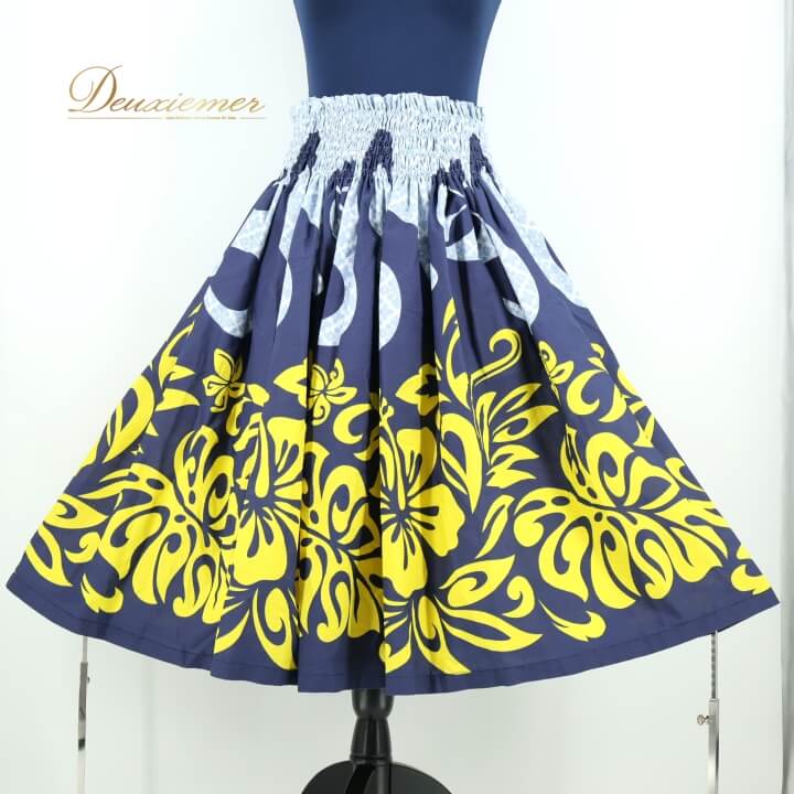 【中古】フラダンス 衣装 パウスカート ネイビー系 フラ ダンス シングル レッスン ハワイアン 紺 黄 ..