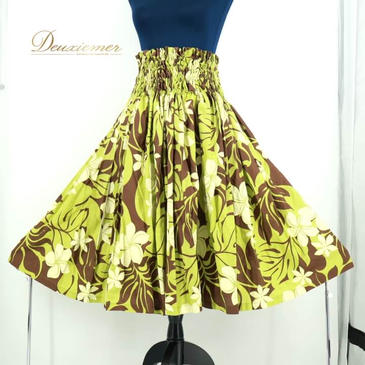 【中古】フラダンス 衣装 パウスカート グリーン系 フラ ダンス 黄緑 茶 白 プルメリア柄 ティアレ柄 ..