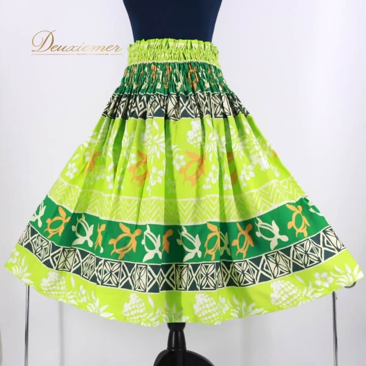 【中古】フラダンス 衣装 パウスカート グリーン系 黄緑 緑 ホヌ柄 ハワイアンプリ ント アロハ ハワイ..