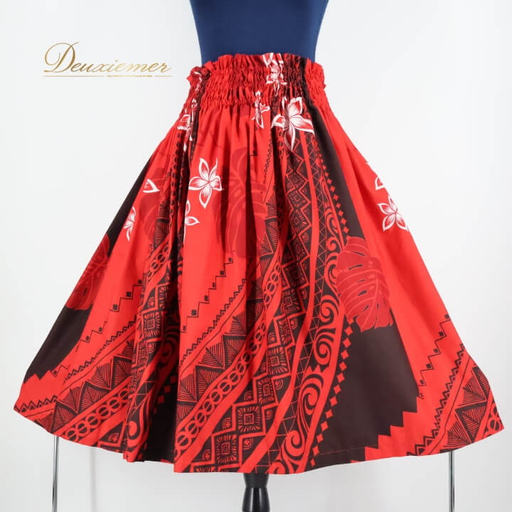 【中古】フラダンス 衣装 パウスカート レッド系 シングル フラ ダンス 花柄 モンステラ柄 カヒコ柄 赤..