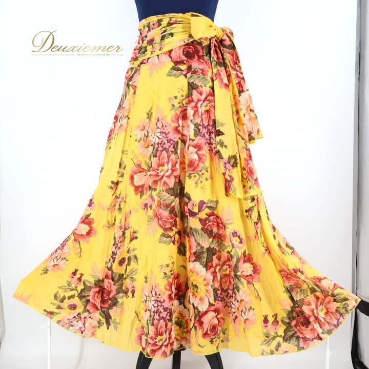 【中古】フラダンス 衣装 スカート イエロー系 花柄 バラ フラワープリント リボン かわいい 鮮やか 華..