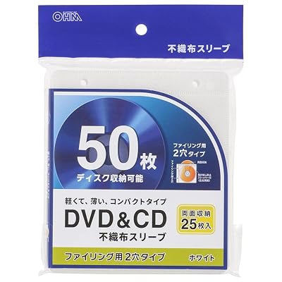 オーム電機 DVD＆CD不織布スリーブ 両面収納タイプ25枚入 ホワイト OA-RCD50-W 01-7201 OHM商品説明【商品説明】size : 25枚入 style : CD/DVD用【 特 長 】　◆DVDやCDを収納できる不織布スリーブ　◆薄くて軽いコンパクトタイプ◆両面収納タイプ25枚入で、ディスク50枚収納可能　◆ファイリング用2穴タイプ　◆飛び出し防止ストッパー付（左右両側）　◆カラーはホワイト【 仕 様 】　◆両面収納タイプ25枚入≪ご注意≫※ バインダーは別売です※ ブルーレイディスクは収納しないでください。ご使用できなくなるおそれがありますsize : 100枚入 style : CD/DVD用【 特 長 】　◆DVDやCDを収納できる不織布スリーブ　◆薄くて軽いコンパクトタイプ◆両面収納タイプ100枚入で、ディスク200枚収納可能　◆ファイリング用2穴タイプ　◆飛び出し防止ストッパー付（左右両側）　◆カラーはホワイト【 仕 様 】　◆両面収納タイプ100枚入≪ご注意≫※ バインダーは別売です※ ブルーレイディスクは収納しないでください。ご使用できなくなるおそれがありますsize : 50枚入 style : CD/DVD用【 特 長 】　◆DVDやCDを収納できる不織布スリーブ　◆薄くて軽いコンパクトタイプ◆両面収納タイプ50枚入で、ディスク100枚収納可能　◆ファイリング用2穴タイプ　◆飛び出し防止ストッパー付（左右両側）　◆カラーはホワイト【 仕 様 】　◆両面収納タイプ50枚入≪ご注意≫※ バインダーは別売です※ ブルーレイディスクは収納しないでください。ご使用できなくなるおそれがありますsize : 50枚入 style : CD/DVD用・インデックスタイプ【 特 長 】　◆DVDやCDを収納できる不織布スリーブ　◆軽くて薄いコンパクトタイプ　◆両面収納タイプ50枚入で、ディスク100枚収納可能◆インデックスタイプ（インデックスラベル付き）　◆飛び出し防止ストッパー付（左右両側）　◆カラーはホワイト【 仕 様 】　◆両面収納タイプ50枚入≪ご注意≫※ 収納ケースは別売です。※ ブルーレイディスクは収納しないでください。ご使用できなくなるおそれがあります。