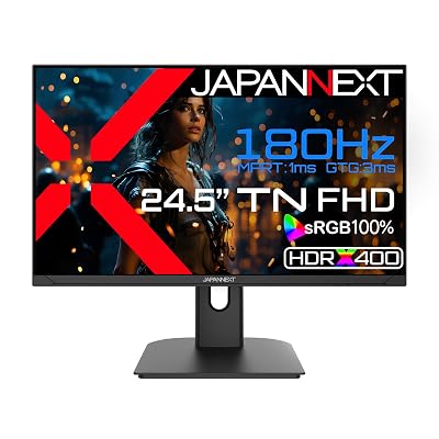 JAPANNEXT 24.5インチ ゲーミングモニター 180Hz 1ms フルHD 1920x1080解像度 TN パネル ディスプレイ (HDMI/DisplayPort/ブルーライトカット / 視野角170°) JN-245GT180FHDRブランドJAPANNEXT色昇降式スタンド無しモデルJN-245GT180FHDR商品説明【商品概要】24.5インチのフルHD(1920x1080)解像度 TNパネルを採用。180Hzの高速リフレッシュレートと1ms(MPRT)の高速応答速度に対応したゲーミングモニターです。180Hzの高速リフレッシュレート、1ms(MPRT)の高速応答速度に対応。高精細で滑らかな表現を可能にし、FPSなどの動きの速いゲームで快適なゲームプレイを実現します。※MPRT 1msはリフレッシュレート100Hz以上で有効。最大輝度400cd/m2、1000：1の高コントラスト比、sRGB:100%の広色域に対応した液晶パネルはHDR400相当の性能を持ち、コンテンツを色鮮やかに映し出します。インターフェイスはHDMI 2.0 (180Hz) x2、DisplayPort 1.2 (180Hz) x1を装備、ゲーム機やパソコンだけでなく、様々な機器との接続が可能です。75mmx75mmのVESAマウントに対応、別売のモニターアームやモニタースタンドへの取り付けが可能です。また、2Wx2のスピーカーを内蔵します。【商品説明】【商品詳細】ブランド：JAPANNEXT商品種別：パソコン・周辺機器商品名：JAPANNEXT 24.5インチ ゲーミングモニター 180Hz 1ms フルHD 1920x1080解像度 TN パネル ディスプレイ (HDMI/DisplayPort/ブルーライトカット / 視野角170°) JN-245GT180FHDR製造元：JAPANNEXT商品番号：JN-245GT180FHDR発売日：2024年07月26日商品内容：24.5インチ FHD TN 180hz色：昇降式スタンド無し商品タイプ：24.5インチ FHD TN 180hz【当店からの連絡】