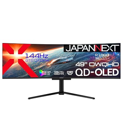 JAPANNEXT 49インチ 超ウルトラワイド湾曲ゲーミングモニター JN-QOLC49G144DQ-HSC9LブランドJAPANNEXT色ブラックモデルJN-QOLC49G144DQ-HSC9L商品説明【商品概要】大画面49インチの量子ドット有機ELパネル(QD-OLED)を搭載し、144Hzの高速リフレッシュレートと0.03ms(GTG)の高速応答速度に対応した、Dual WQHD(5120x1440)解像度の湾曲ウルトラワイドゲーミングモニターです。32:9のアスペクト比により、広い表示領域を活用でき、FPSや情報量が重要なMMOなどのゲームプレイに最適です。大画面49インチ(R1800)の湾曲パネルはプレイヤーを包み込むように映像を表現し、より高いゲームへの没入感を実現します。Dual WQHD(5120x1440)解像度は、フルHD(1920x1080)解像度の約3.5倍の高解像度を実現します。水平解像度はフルHDの約2.6倍、WQHDの横幅を2つ分並べたような画面スペースを提供します。144Hzの高速リフレッシュレートと0.03ms(GTG)の高速応答速度を実現、FreeSyncにも対応し、FPSなどの動きの早いゲームプレイに最適です。量子ドット有機ELパネル（QD-OLED）は、量子ドット技術を使用することで、色域（色の再現範囲）が大幅に広がります。これにより、従来のOLEDディスプレイよりも豊かな色彩表現が可能になり、特に鮮やかな赤や青などの色がより自然で深みを増します。色の正確性が求められるプロフェッショナルな用途や、映画やゲームなどでの臨場感を高めます。有機EL技術の特長である自発光型パネルを使用しているため、QD-OLEDはピクセル単位でのオン・オフが可能です。これにより、完全な黒を再現することができ、暗いシーンでも細かなディテールが浮かび上がります。黒をより深く、圧倒的なコントラスト比（1500000:1）を実現します。輝度250cd/m2（450cd/m2 APL10%時)とsRGB:148%、DCI-P3:115%、Adobe:110%の広色域に対応した量子ドット有機ELパネルはHDR400相当の性能を持ち、コンテンツを色鮮やかに映し出します。HDR（ハイダイナミックレンジ）は、明るい部分も暗い部分もくっきり表現し、リアルに迫った深みのある映像を演出します。LANポートを搭載、モニターにLANケーブルを接続することで、有線の安定したネットワーク接続が可能になります。ノートPCからモニターへはUSB Type-Cケーブルを1本接続するだけで、インターネット接続と映像出力、さらには対応のノートPCへの給電も同時に行うことが可能です。*HDMI、DisplayPort接続時には、付属のUSB-A to Bケーブルを使用する必要がございます。インターフェイスはHDMI 2.1 x2 (144Hz)、DisplayPort1.4 x1(144Hz)、USB Type-C x1 (144Hz/最大90W給電)装備し、様々な機器との接続が可能です。また、有線LANポートを搭載しているため、有線の安定したネットワーク接続が可能になります。USB-C（最大90W給電）は、対応のPCであればUSB-Cケーブル1本でモニターへの映像出力とノートPCへの給電が可能。ケーブル1本でスッキリ接続出来るだけでなく、テレワーク、出社併用の場合などノートPCのACアダプターを持ち運ぶ必要が無くなります。KVM機能に対応、モニターに接続したキーボード、マウスをデスクトップPCやUSB Type-C接続のノートPCで入力を切り替えた際にもそのまま使用可能です。複数の入力を同時に表示する「PBP(Picture by Picture)」に対応、PBPモードでは、最大2つの入力映像を左右同時に表示可能。入力の一つを子画面にて表示する「PIP(Picture in Picture)」も可能です。本製品は工場出荷前に、キャリブレーションを実施しています。sRGB、DCI-P3、Adobe RGB全てにおいて正確な色再現が可能で、モニターのOSDメニューより簡単にプリセットを選択できます。本製品には、キャリブレーションレポートが付属します。最大120mm(横置時)の範囲で高さ調整を行うことが可能な昇降式スタンドを搭載。また、水平方向のスイーベル（左右各20度）、上下の角度調整チルト（-5度～+20度）も可能です。100x100mmのVESAマウントに対応しているので別売のモニターアームやモニタースタンドなどへの取り付けが可能です。5Wx2のスピーカーを内蔵します。本製品には2年間のメーカーが付きます。【商品説明】【商品詳細】ブランド：JAPANNEXT商品種別：パソコン・周辺機器商品名：JAPANNEXT 49インチ 超ウルトラワイド湾曲ゲーミングモニター JN-QOLC49G144DQ-HSC9L製造元：JAPANNEXT商品番号：JN-QOLC49G144DQ-HSC9L発売日：2024年12月20日商品内容：49インチ色：ブラック【当店からの連絡】