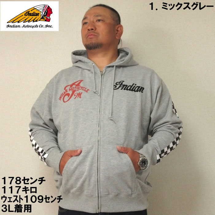 大きいサイズ メンズ INDIAN MOTOCYCLE 裏毛 刺繍&プリント フル ジップ パーカー（メーカー取寄）インディアンモトサイクル 3L 4L 5L 6L デビルーズ 大きい サイズ ビッグサイズ キングサイズ ブランド オシャレ メンズファッション パーカ トップス ルームウェア 部屋着