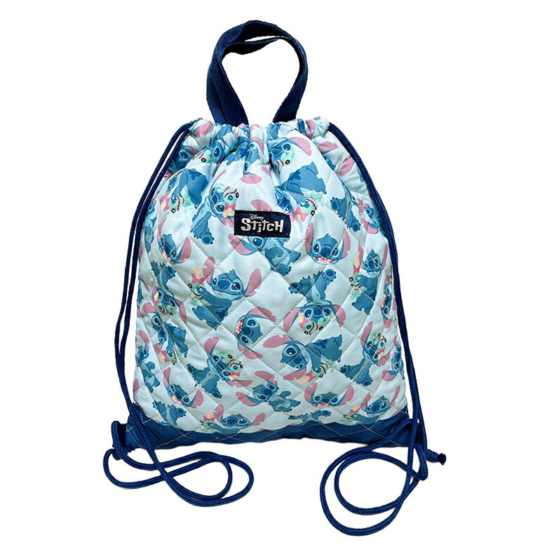 【メール便送料無料】Disney ディズニー リロ＆スティッチ キルト ナップサック 総柄 ブルー 遠足 ナップザック 練習着入れ 着替え入れ 習い事 サブバッグ お祝い プレゼント 入園 入学 ギフト (D7456BL-5)