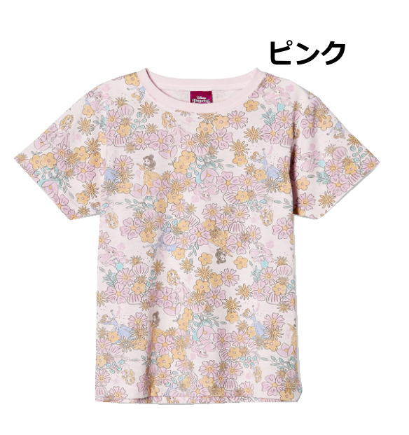 【メール便OK】Disney ディズニー プリンセス 半袖 Tシャツ 天竺 総柄 お花柄トドラー 子供服 ベビー服 公園 女児 女の子 ガールズ 幼児 ギフト プレゼント 双子コーデ (221107066 tk1000223)