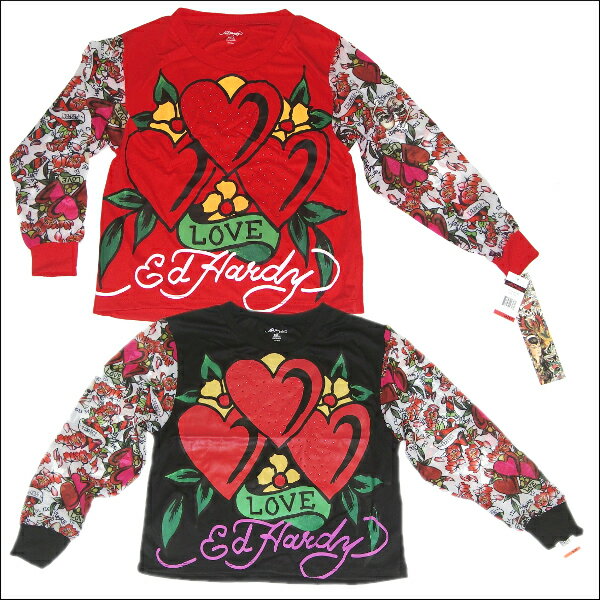 ED HARDY KIDS L/S TOPS [ED-H618G-BG]エドハーディーキッズトップス　S〜XLサイズ[7歳〜16歳]子供服 レディースロングTシャツ　長袖　薄い素材　ダンス衣装ハート　ダンサー　ヒップホップ　ストリートオールシーズン