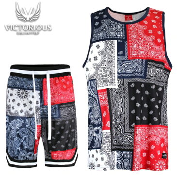 VICTORIOUS PAISLEY BANDANA TANK TOP SET 上下【あす楽】ペイスリー柄タンクトップセットアップメッシュ バンダナバスケットボールシャツメンズ　ゲームシャツ大きいサイズ　スポーツウエア　ジムウエア