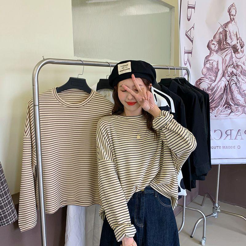 Three-Quarter - ボーダー Tシャツ 綿混 レデイーズ 長袖 ドロップショルダー プルオーバー カットソー ゆったり 春 秋 冬 着回し カジュアル おしゃれ