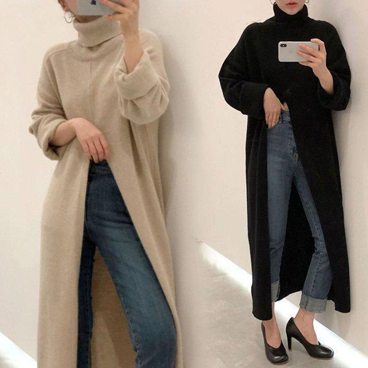 ニットセーター ニットトップス レディース 秋冬 セーター ハイネック スリット ロング丈 ニットワンピース ひざ下 プルオーバー 韓国風 オシャレ ニット