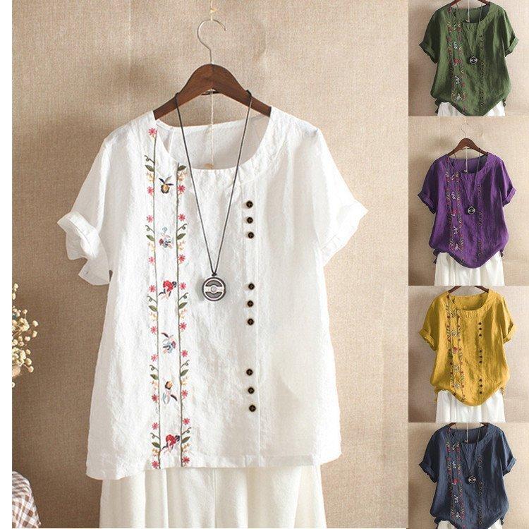 Rakuten - ブラウス シャツ レディース 綿麻混風 プルオーバー ブラウス トップス tシャツ カットソー コットンリネン おしゃれ 夏 ゆったり 刺繍 ママコーデ 30代 40代