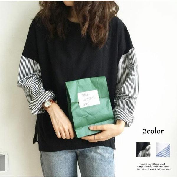 Rakuten - カットソー レディース シャツ 袖 ストライプ トップス 切り替え 異素材 フリーサイズ おしゃれ 上品 30代 40代