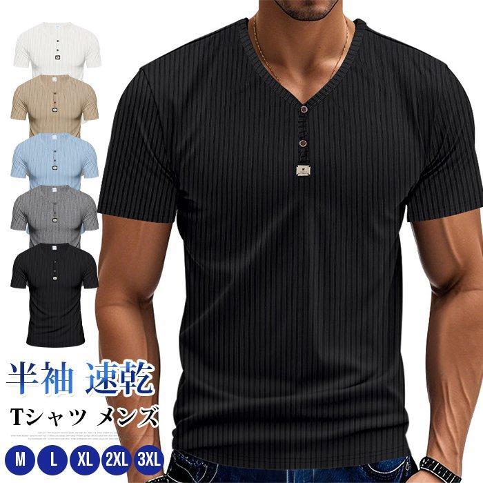 Tシャツメンズヘンリーネック半袖速...