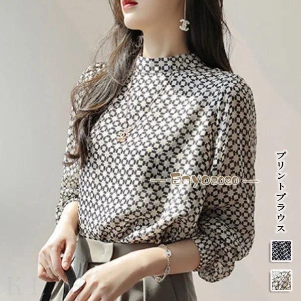 乐天商城 - レトロ柄 シフォン 長袖 レディース トップス 上品 きれいめ 事務服 シャツ プリント スタンドネック フェミニン ブラウス 春 レディース