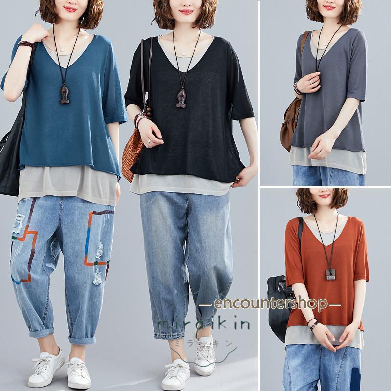 tシャツカットソー五分袖フェイク2...