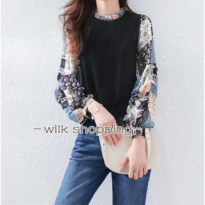 乐天商城 - ニットTシャツ レディース 40代 秋服 長袖ニットソー オシャレ プリント切り替えニットトップス パフスリーブ カットソー 大人 通勤 Tシャツ 韓国風 30代 50代