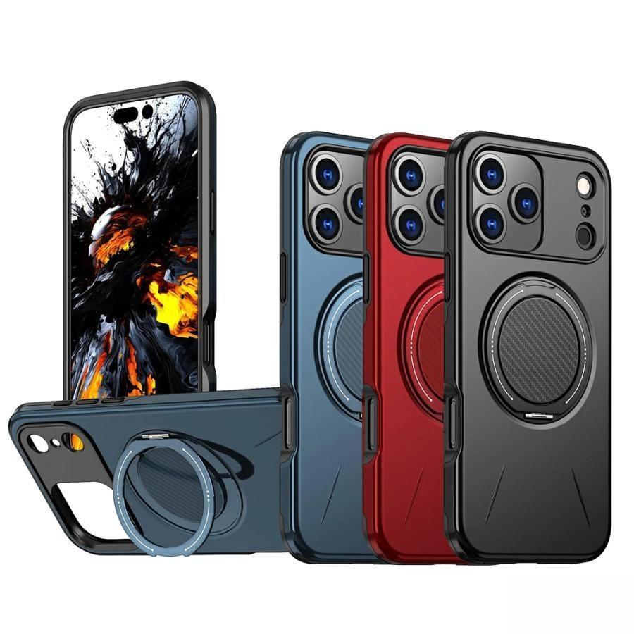 Rakuten - iPhone17 ケース iphone17pro ケース 360°回転スタンド リング付き iphone17promax カバー スタンド機能 縦横両対応 TPU+PU 保護ケース 背面 シェル ソフト