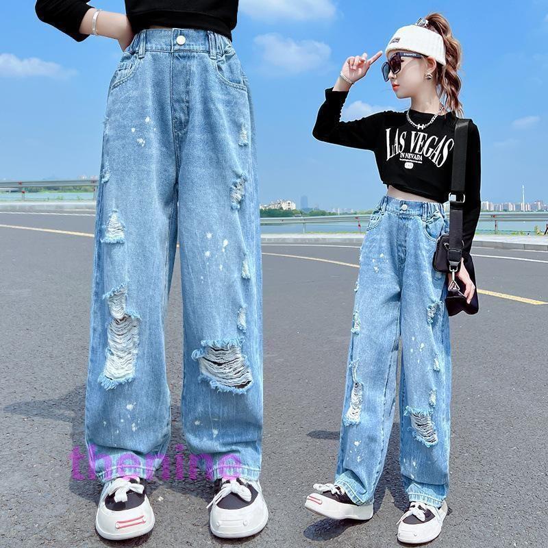 乐天商城 - 韓国子供服 春秋 デニムダメージジーンズ 女の子 デニムパンツ 通学着 キッズ ファッション ダメージジーンズ ダンスパンツ hiphop jazz 演出 団体服 120-170