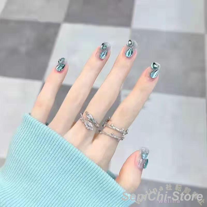 ネイルチップ 付け爪 ブルー系 キラキラストーン 透明感デザインで爽やか ハート/ドロップ風 結婚式・パーティ・デートに 簡単セルフ