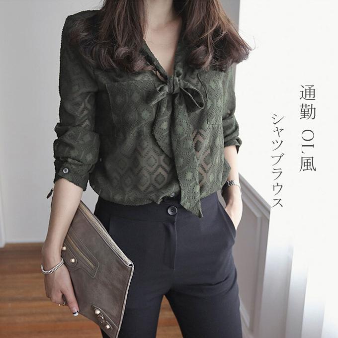 Other - シャツブラウス レディース 長袖シャツ シフォン 通勤 OL風 カジュアル リボン付き トップス ミリタリー 春物 春新作　大きいサイズ